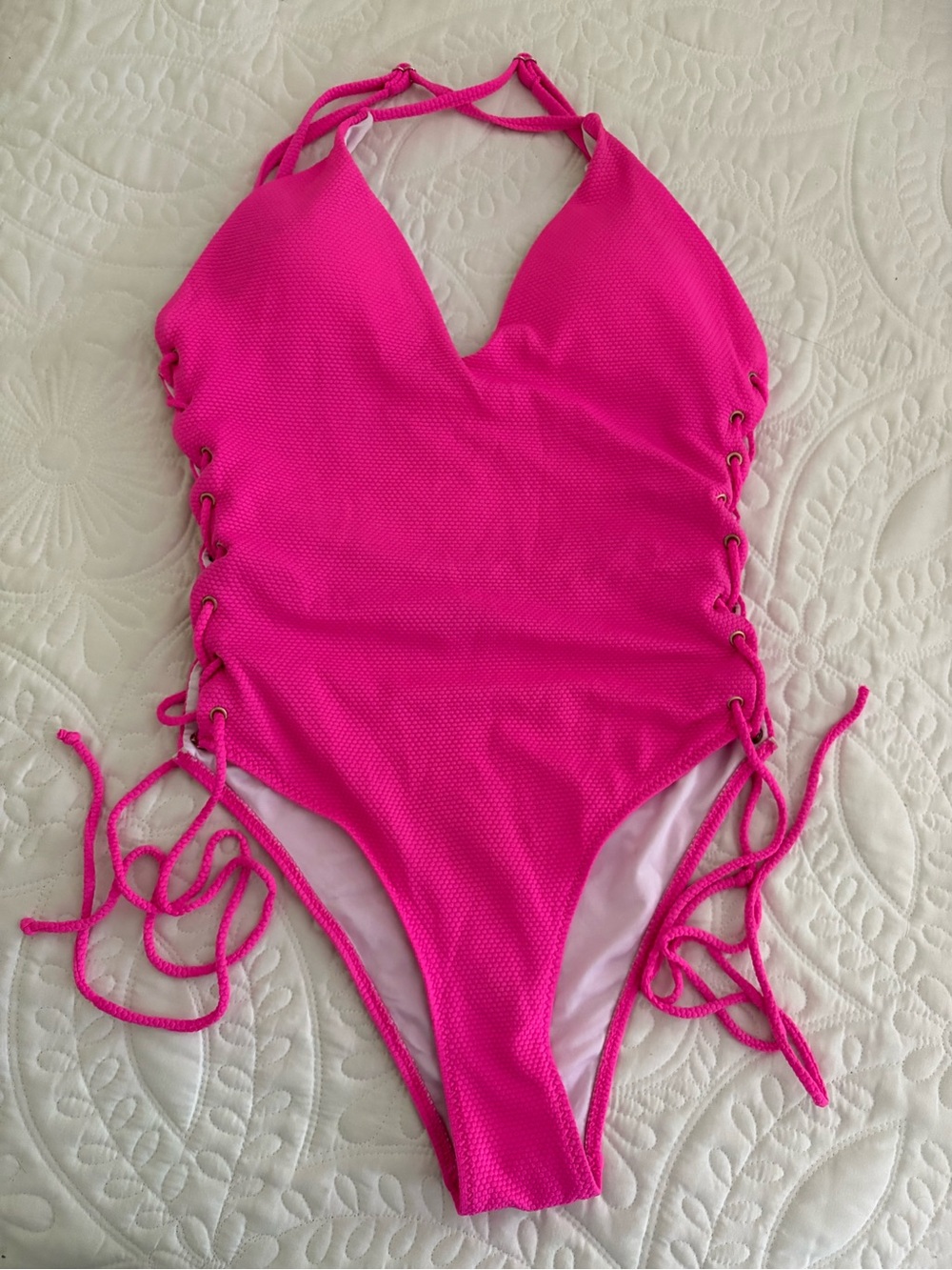 Hot Pink One-Piece Swimsuit with Side Lace-Up L